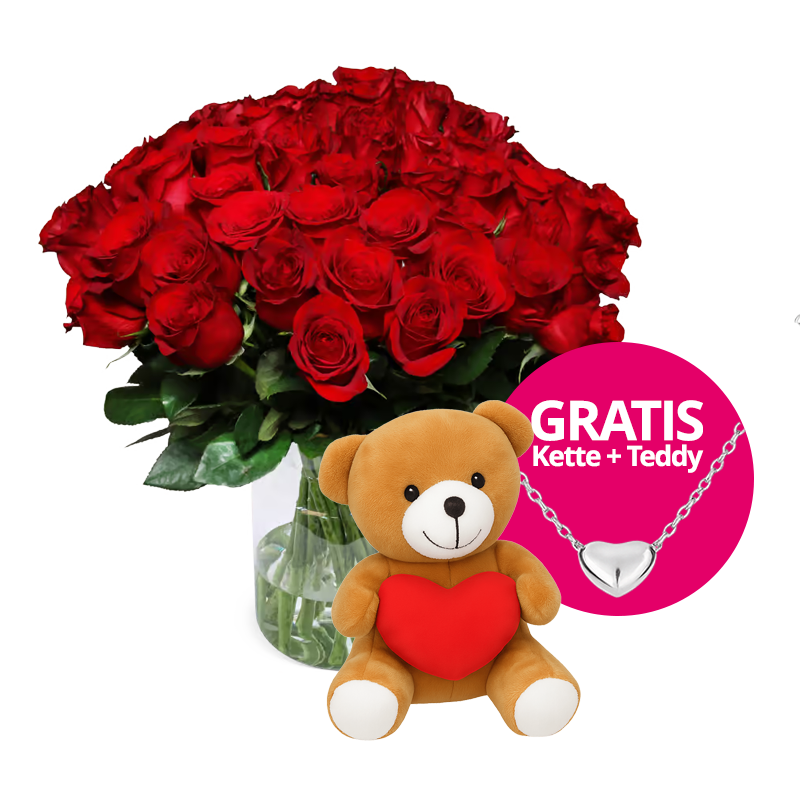 50 rote Rosen + GRATIS Herzteddy und Kette
