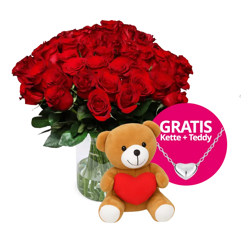 50 rote Rosen + GRATIS Herzteddy und Kette
